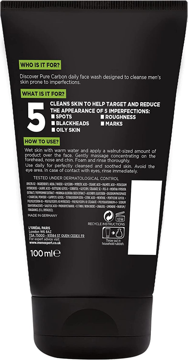 L'Oreal Paris Men Expert Face Wash Pure Charcoal, Glycerin, and Salicylic Acid - Blackhead Cleanser for Men, 100 Ml (Pack of 1)
