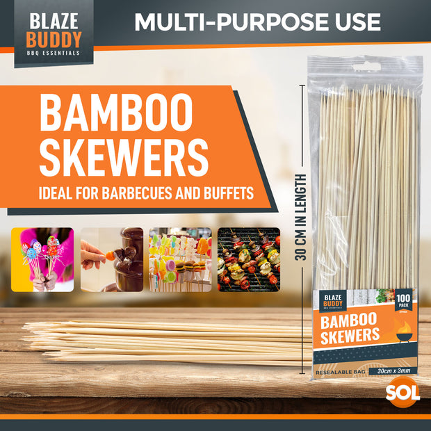 100 Bamboo Skewers 30Cm 12" BBQ Kebab Fruit Chocolate Fondue Grill Wooden Sticks