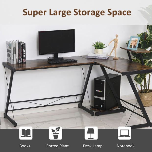 L Shaped Home Office Desk Gaming Workstation with Shelf & CPU Stand Brown