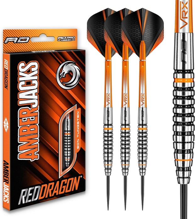 RED DRAGON Amberjack Tungsten Darts Set with Darts Flights & Dart Stems (Shafts) – Professional 90% Tungsten Premium Darts Set – Available in 22G, 23G, 24G, 25G, 26G, 27G, 28G, 30G