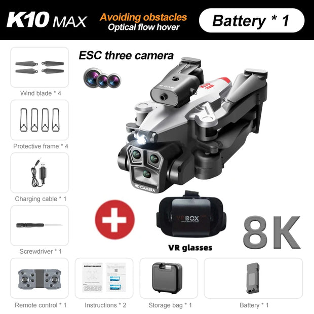 K10 MAX Drone HD 4K Three Cameras Aerial Photography UAV Obstacle Avoidance Optical Flow Positioning Aircraf Toys Christmas Gift